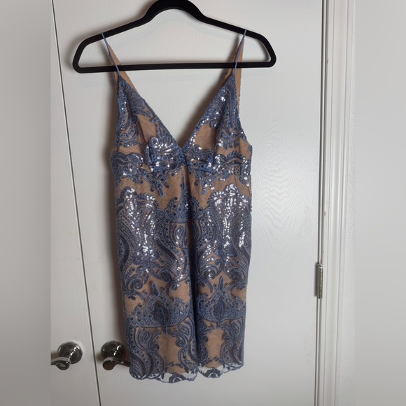 Free people night shimmers mini dress, sundown blue, size 6 - Picture 3 of 10